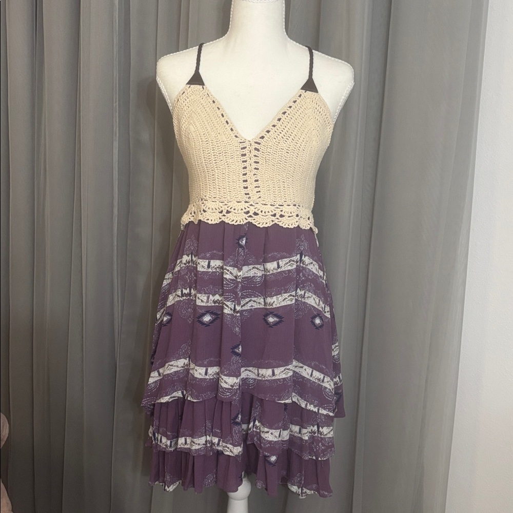 Shyanne Cream Crochet and Purple Patterned Midi Dress, Size M, NWT